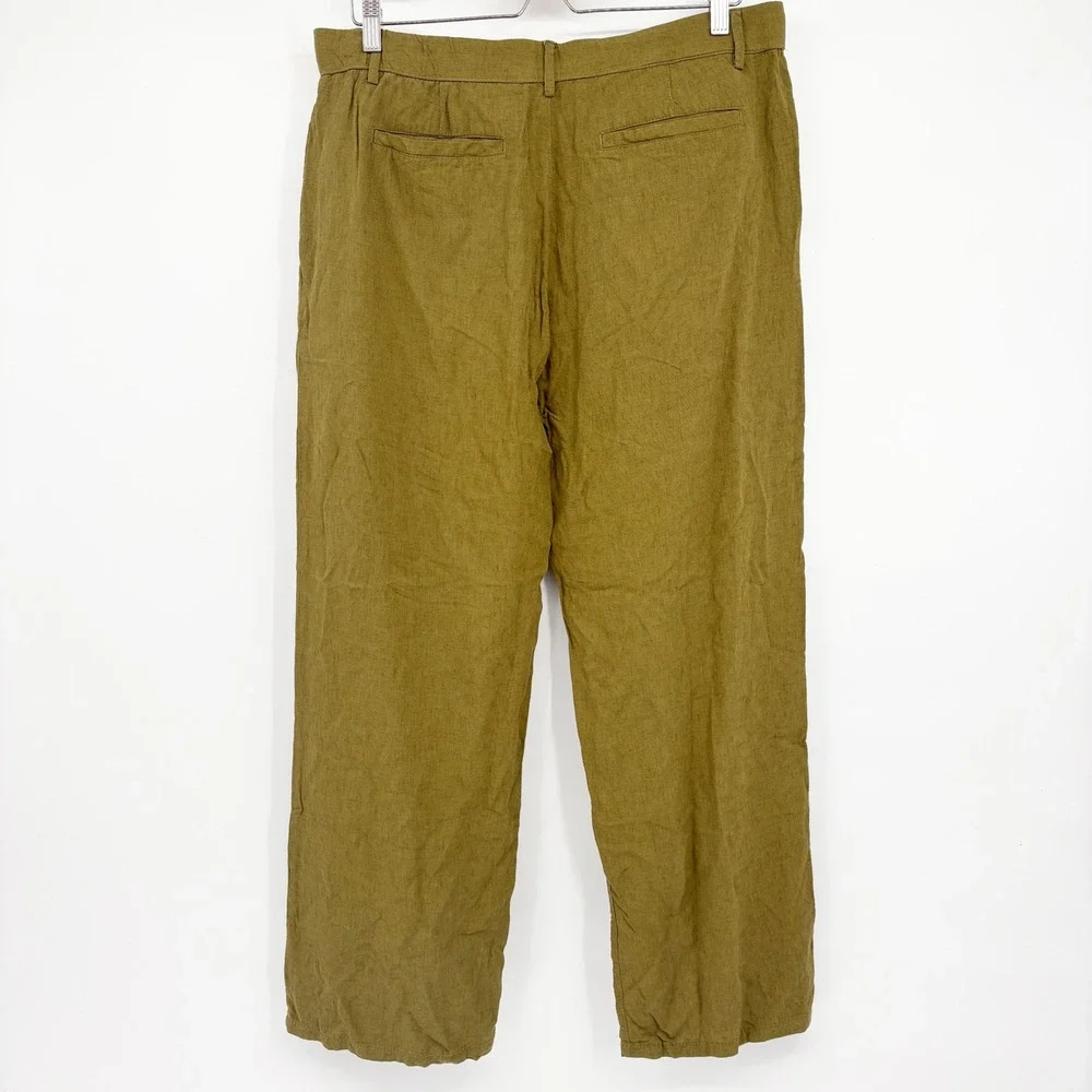 Zara Womens Olive Green Linen Blend Wide Leg Relaxed Boho Coastal Pants Size XL